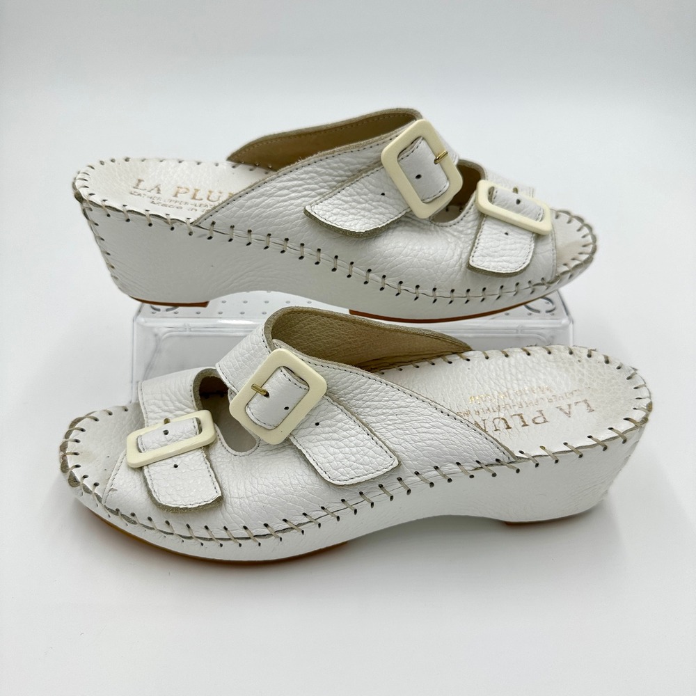 La Plume Jen White Leather Wedge Comfort Slide Sandals EUC Women's US 7.5 EU 38